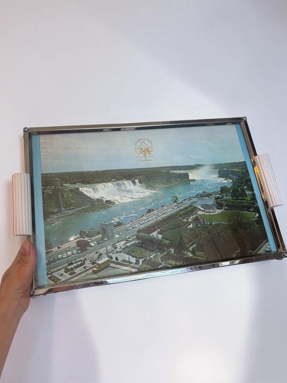 Vintage Niagara Falls Canada Souvenir Serving Tray Chrome Handles MCM decor